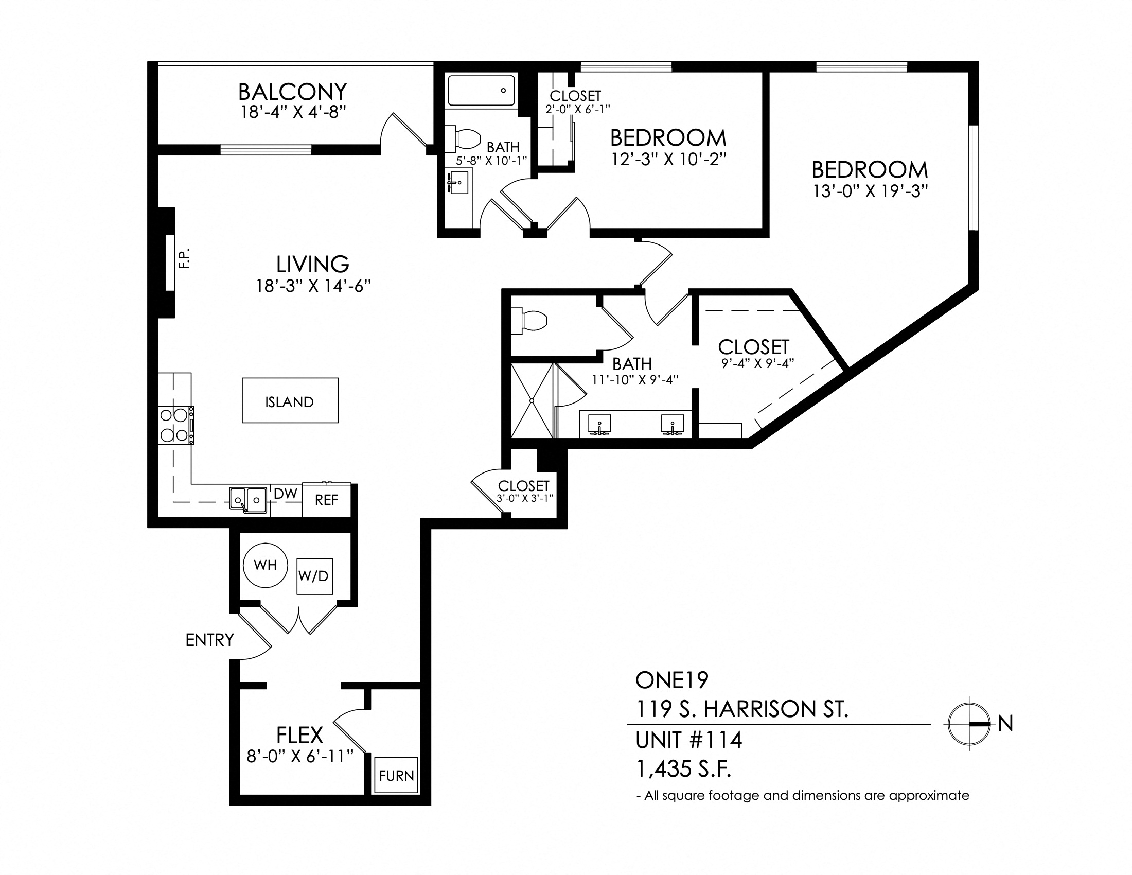 Floor plan for 2 beds, 2 baths, 1435 sqft